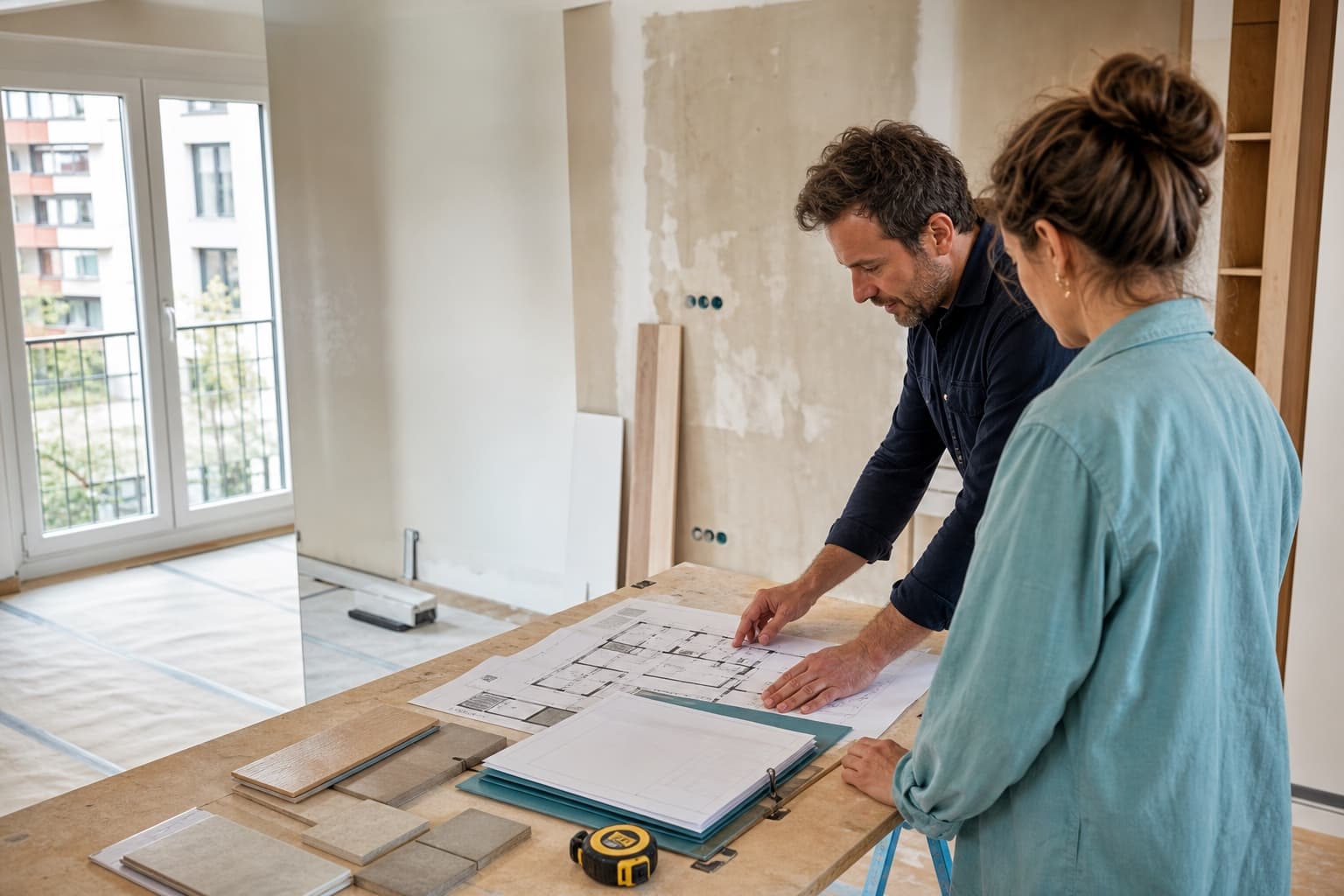 Dos personas revisan un plano sobre un tablero en una vivienda vacía, con el suelo cubierto por plástico protector y la pared sin acabar