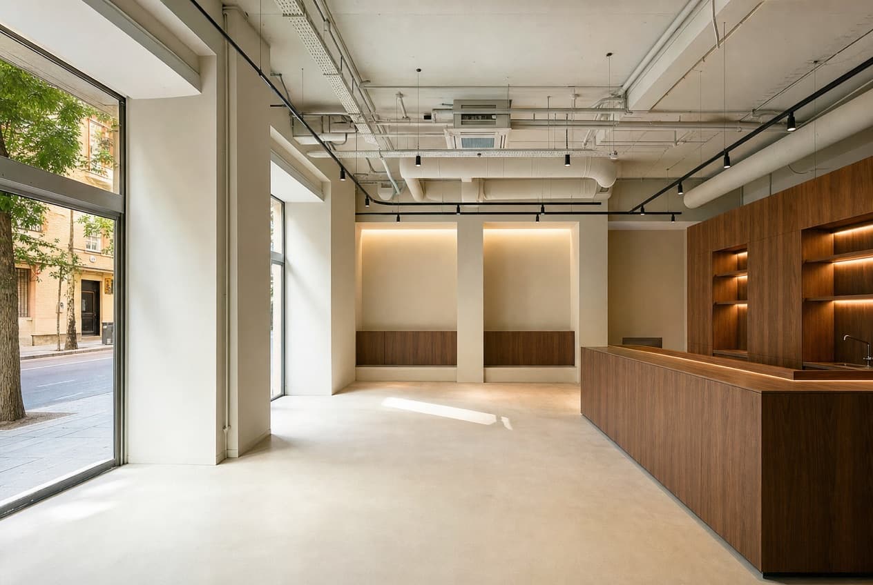 Local comercial reformado en Madrid con suelo continuo, instalaciones vistas ordenadas y escaparate a la calle