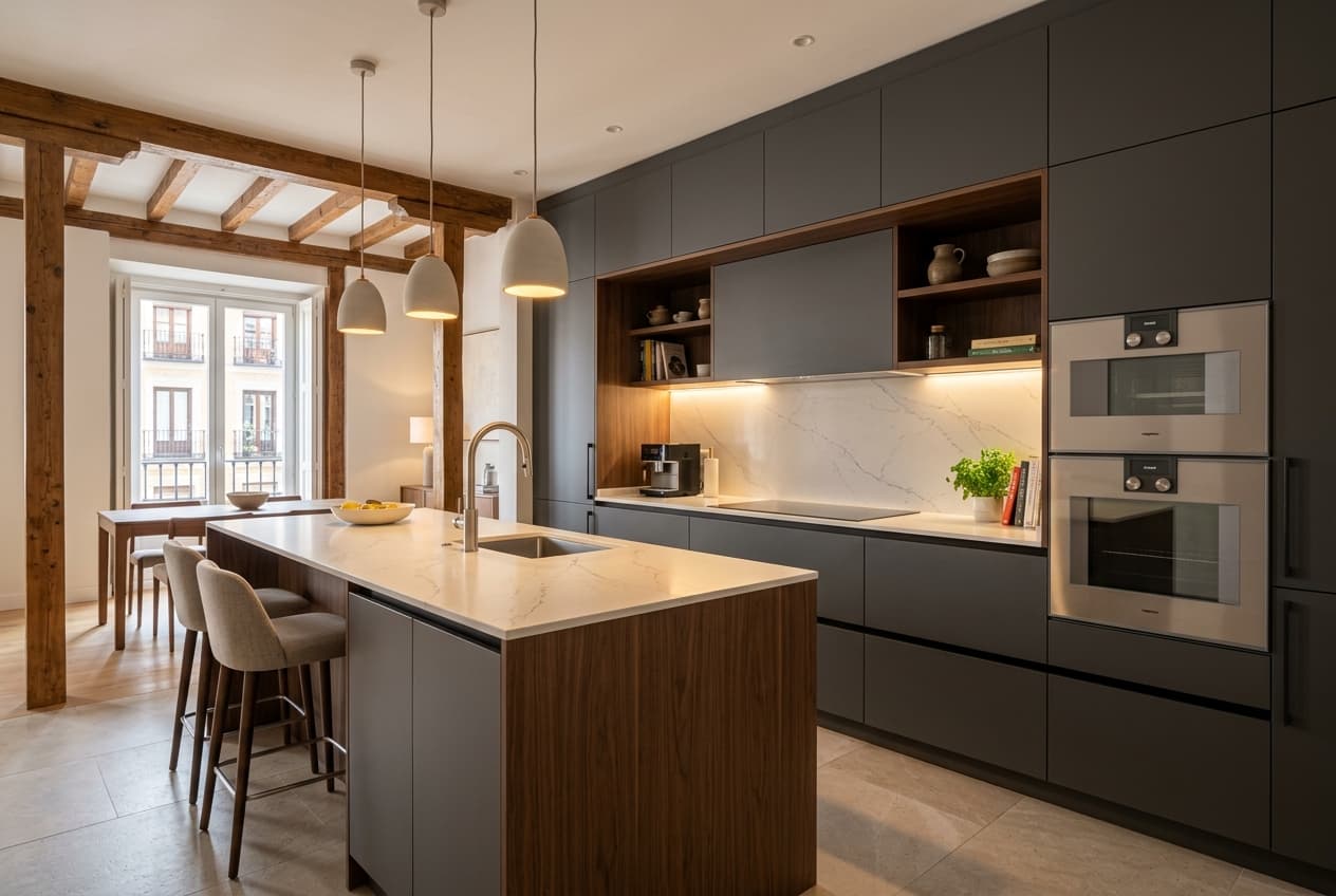 Cocina moderna reformada en Madrid con encimera porcelánica y muebles a medida