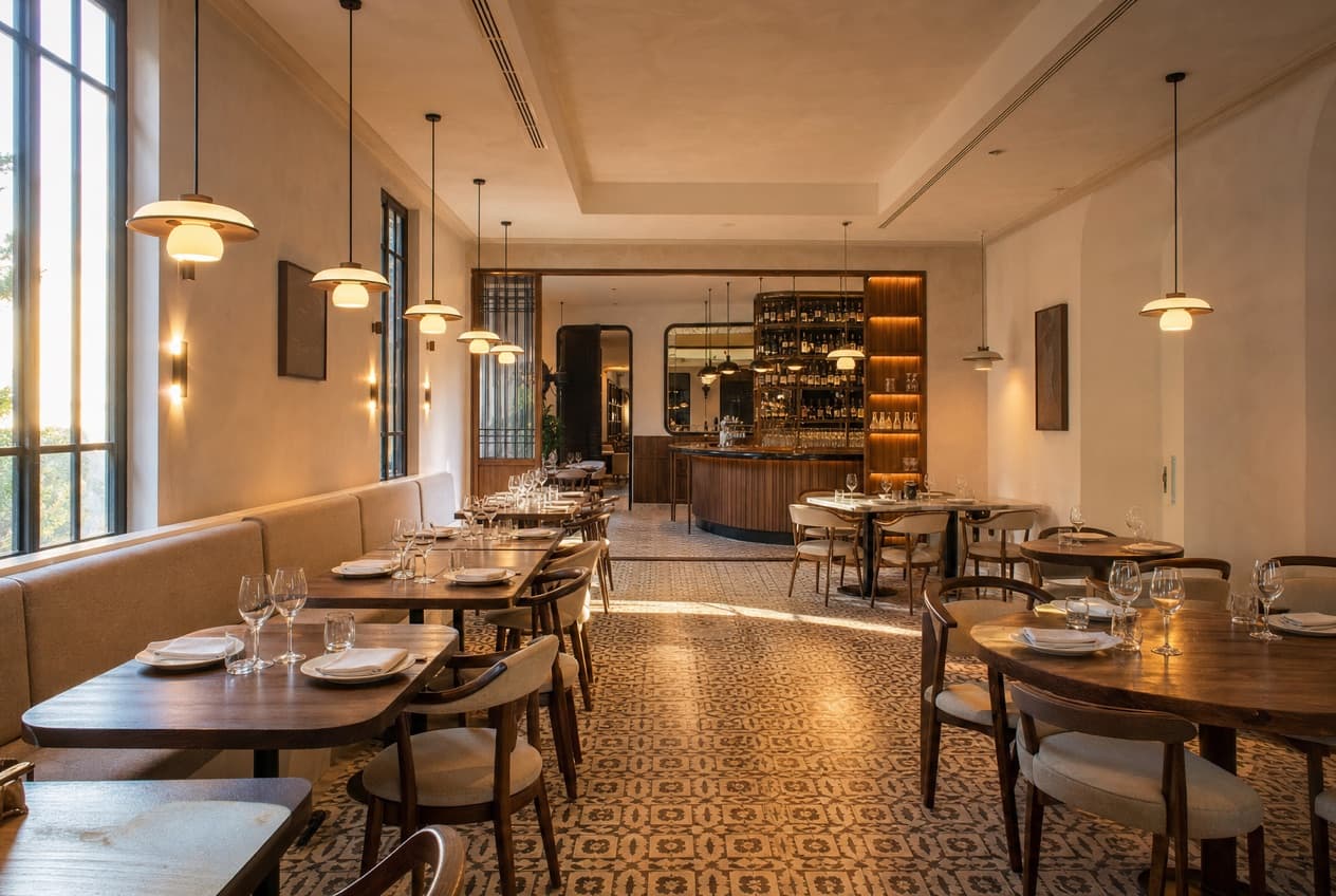 Comedor de restaurante reformado en Madrid con banco corrido, lámparas colgantes y barra de madera al fondo
