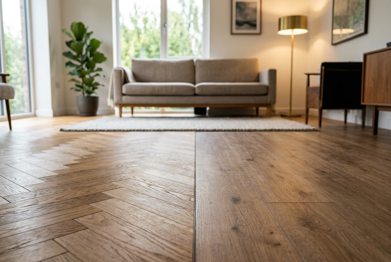 Comparativa visual entre suelo de tarima laminada y parquet de madera maciza instalados en salón